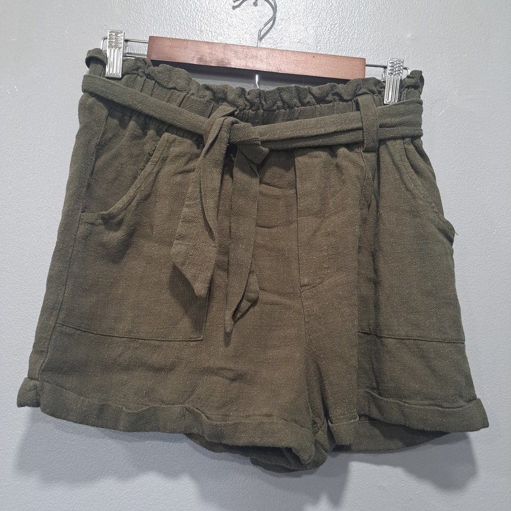 Aeropostale Womens Olive Green Paperbag Waist Linen Blend Shorts Size M RN154379